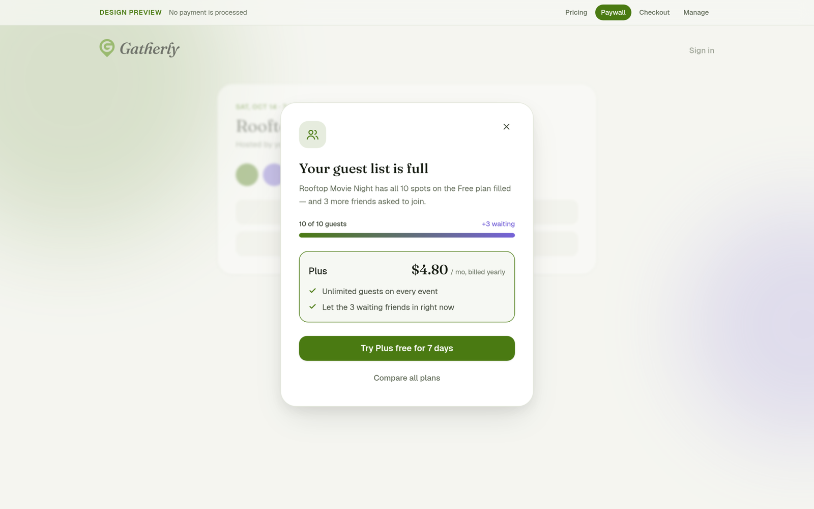 Paywall when an event fills up