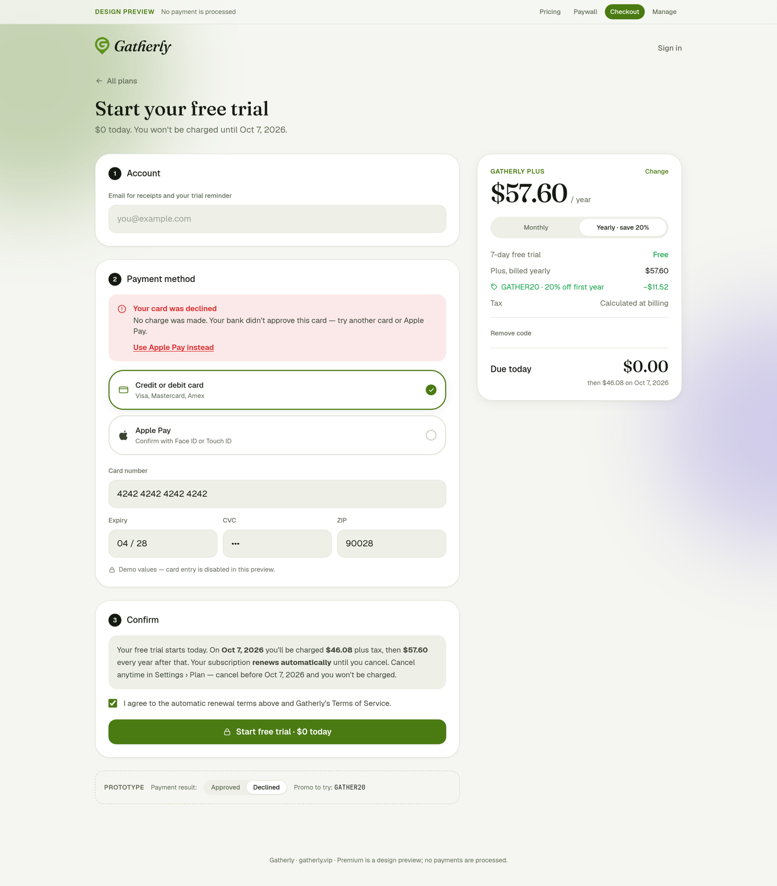 A promo code applied and a declined card