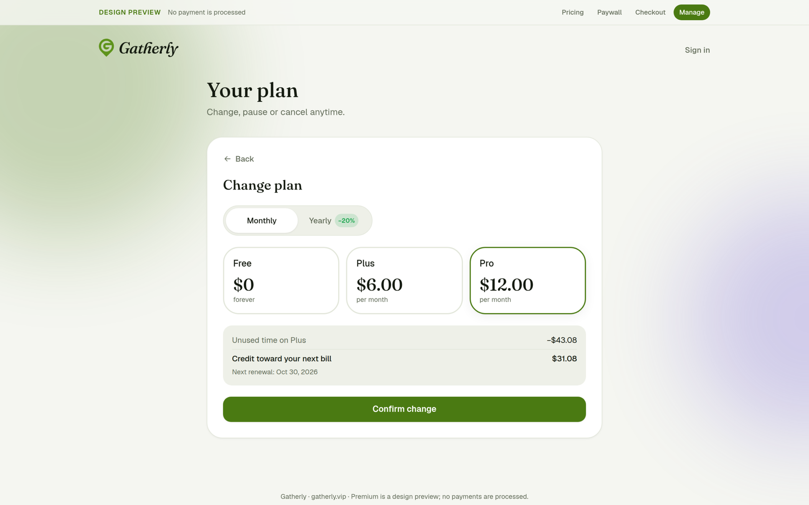 Changing plans with the proration summary