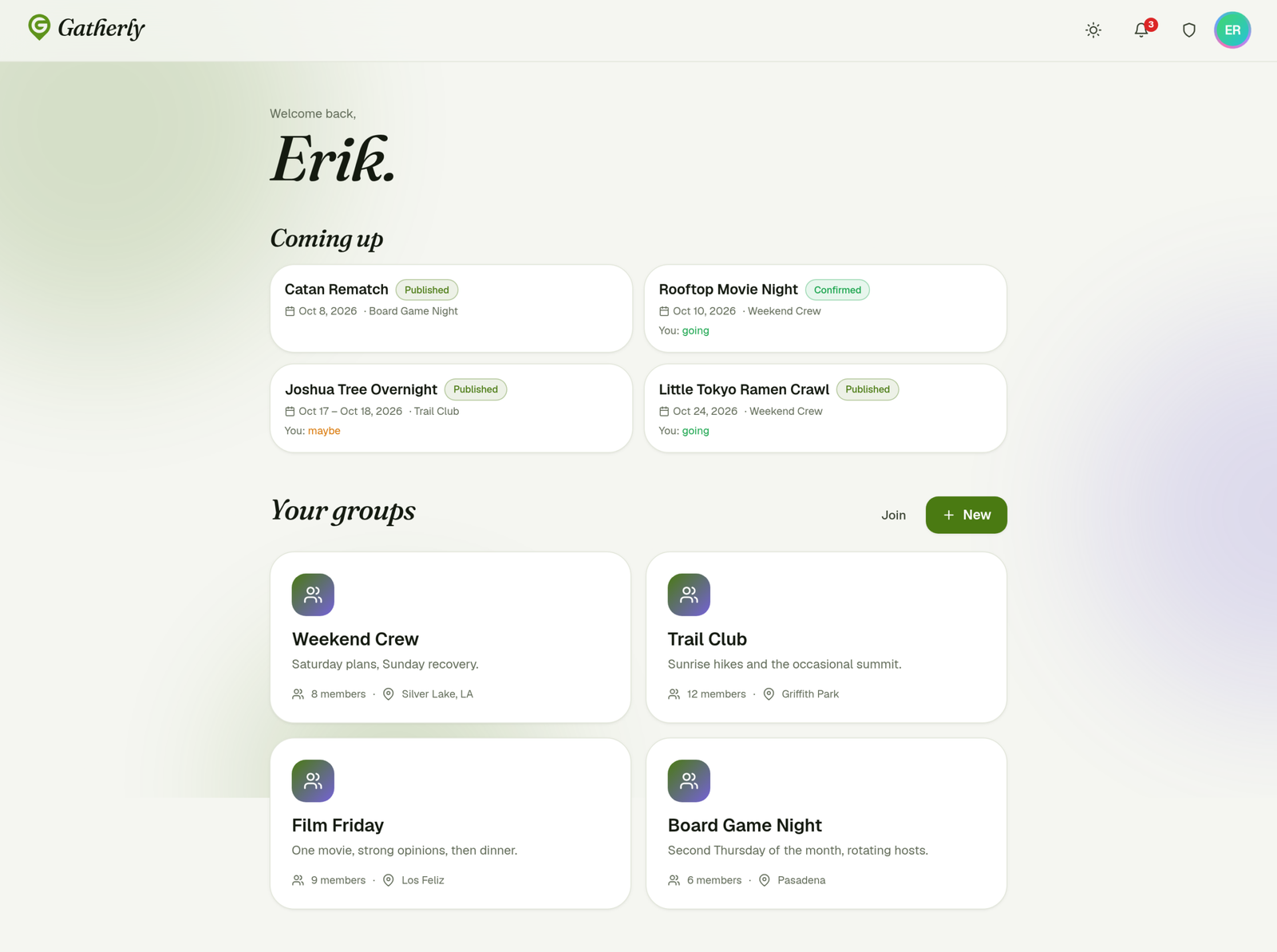 Dashboard with upcoming plans and groups