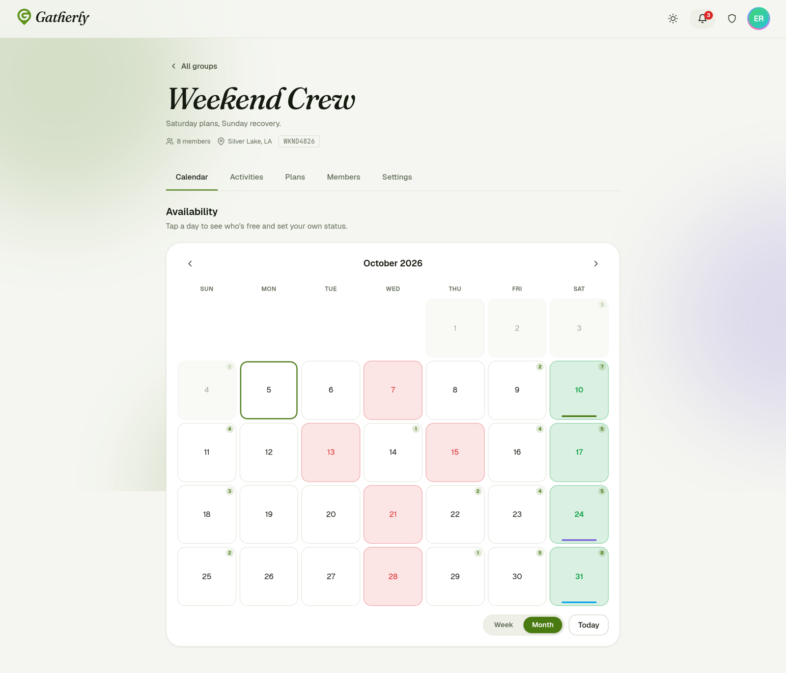 The group availability calendar