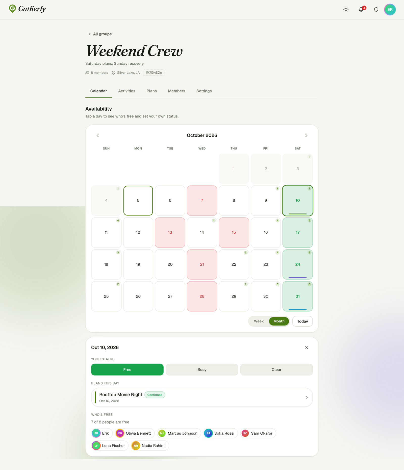 A selected day: your status, plans and who's free