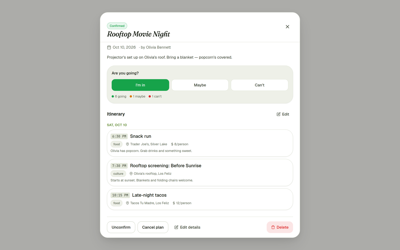 Plan detail with RSVPs and itinerary