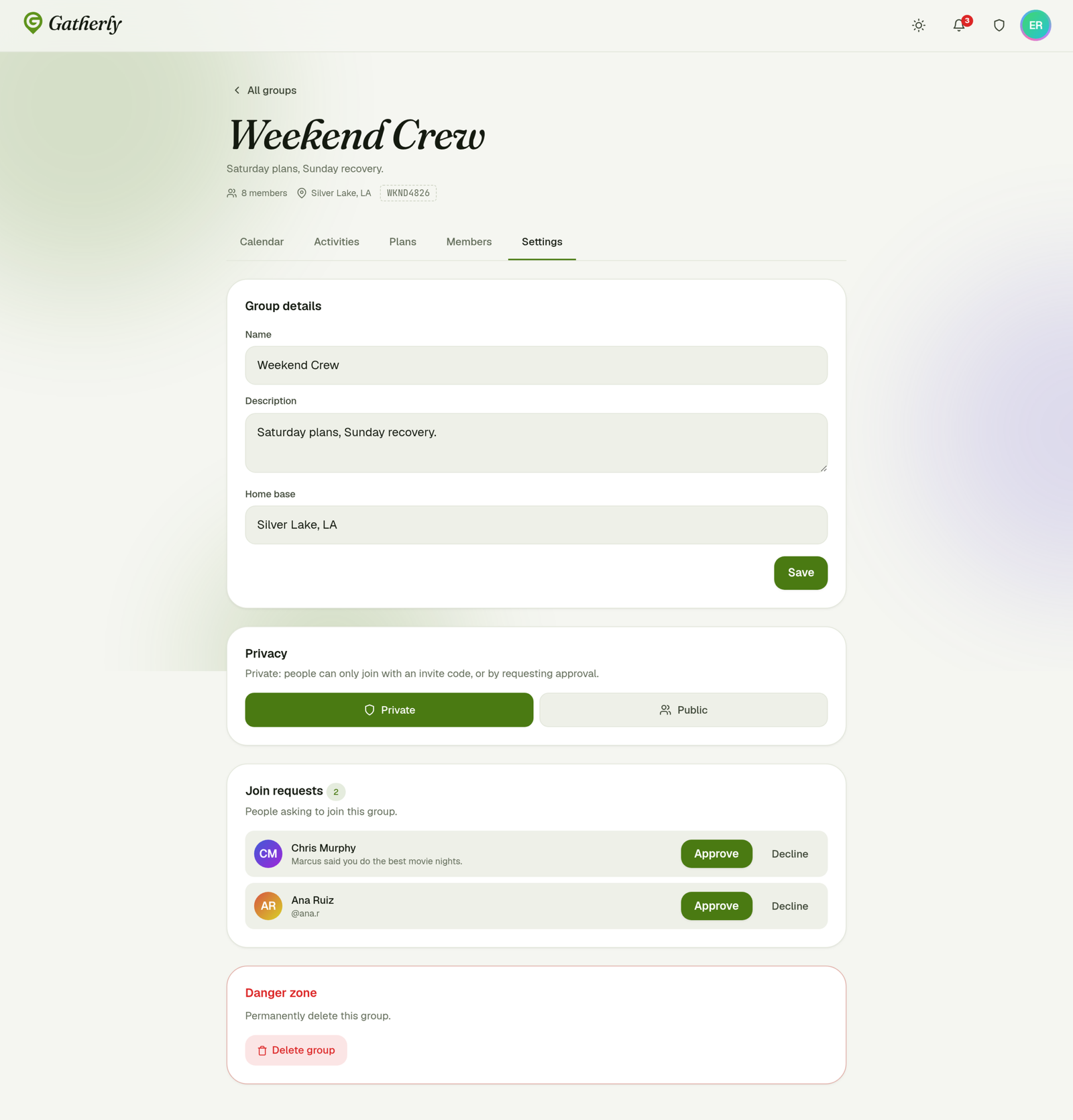Group settings with privacy and join requests