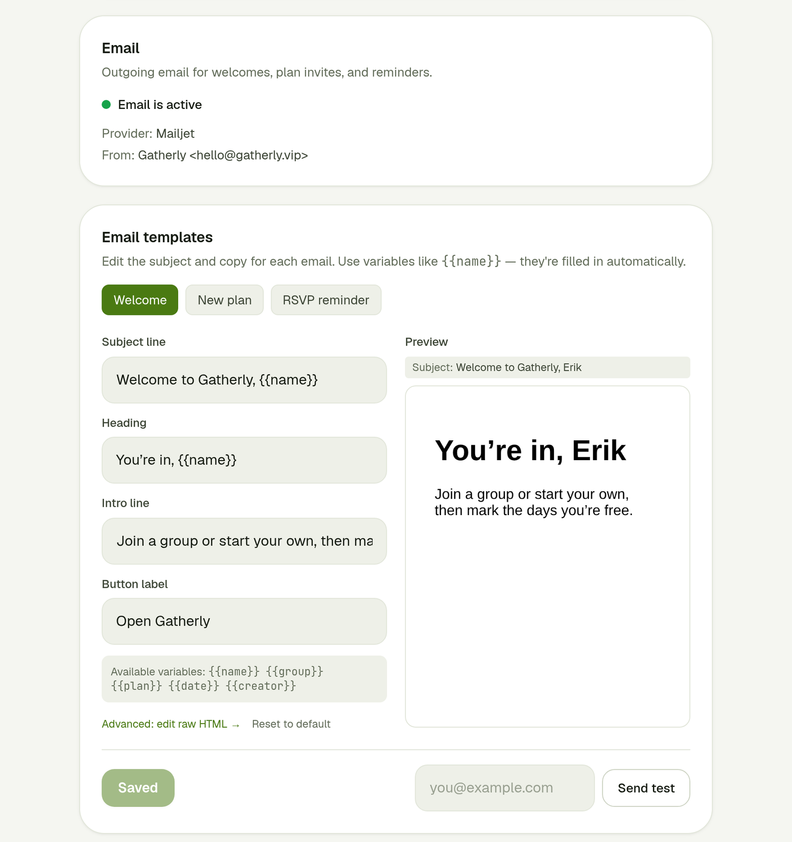 Email templates in the admin panel