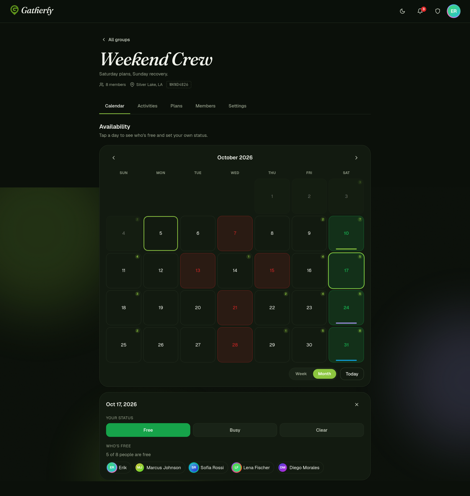 The calendar in dark mode