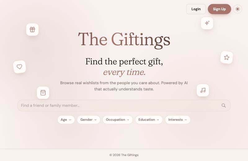 The Giftings home page on desktop with title, tagline, search box and five filter chips