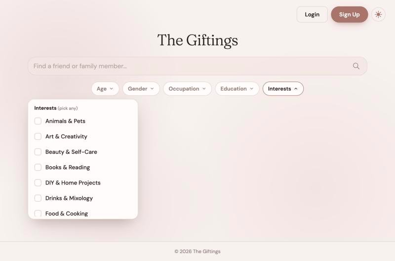 The Interests filter open as a multi-select dropdown