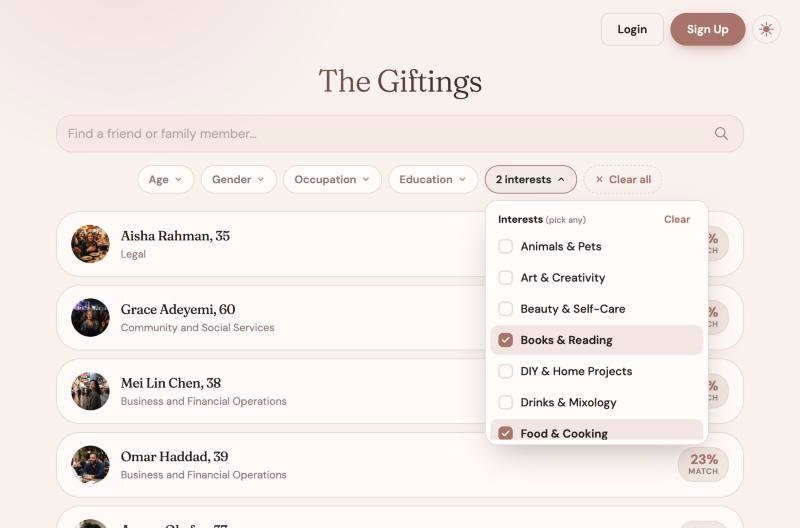 Filtered results with photos and match percentages while the Interests menu is open