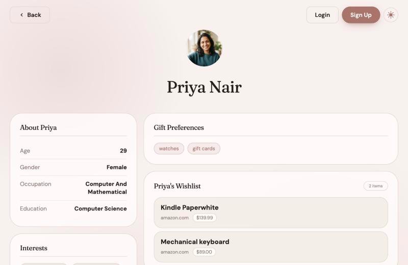 A member profile with photo, about card, gift preferences and wishlist
