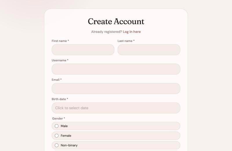 Create Account form with name, username, email, birth date and gender