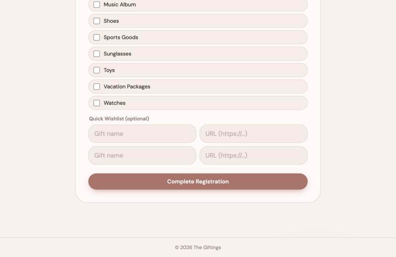Gift categories, optional quick wishlist and the Complete Registration button