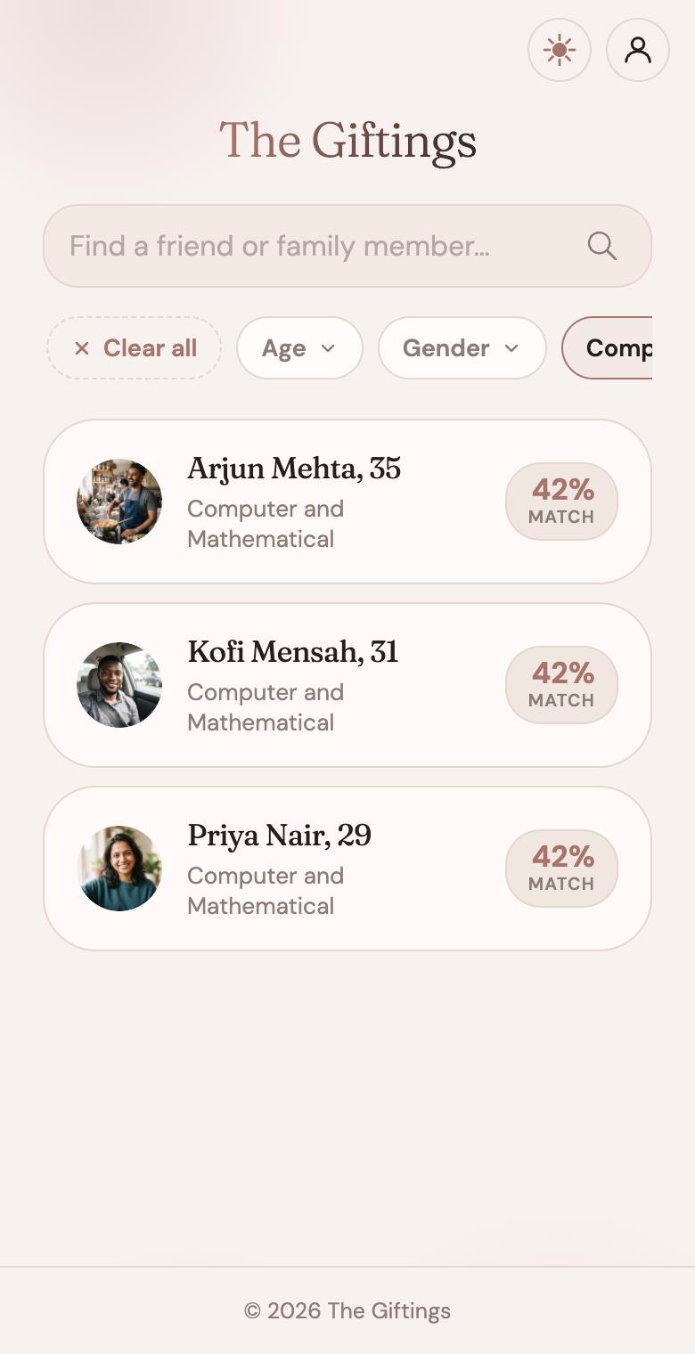 Filtered results on a phone with photos and match percentages