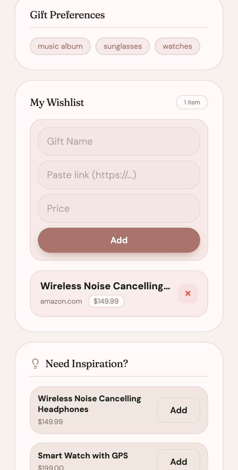 Wishlist with an add-a-gift form on a phone