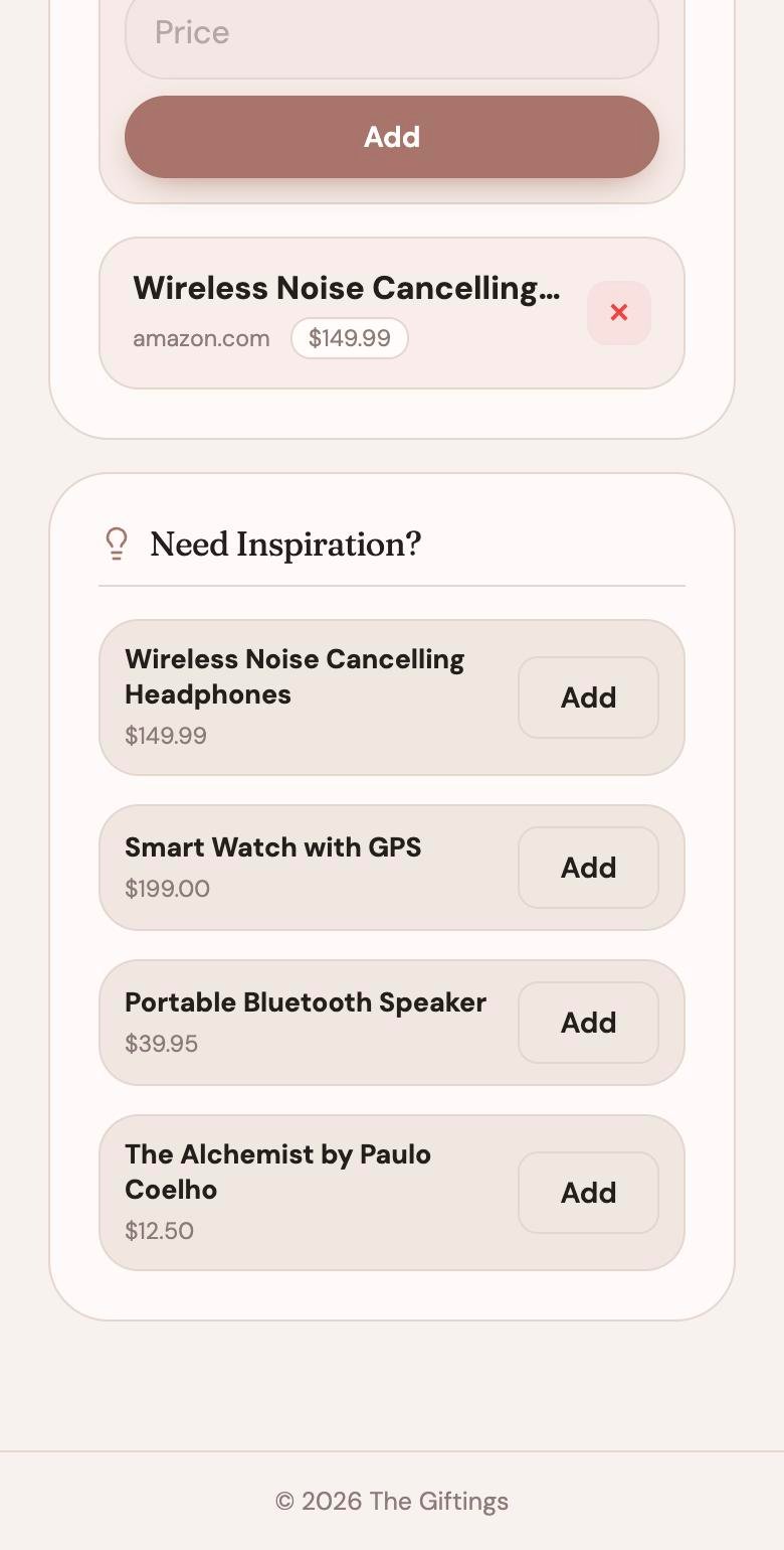 Need Inspiration section with suggested gifts and Add buttons