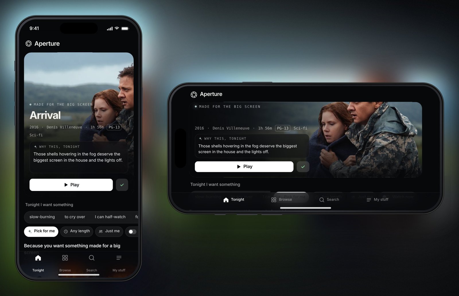 Aperture on a phone, upright and sideways, both showing Arrival