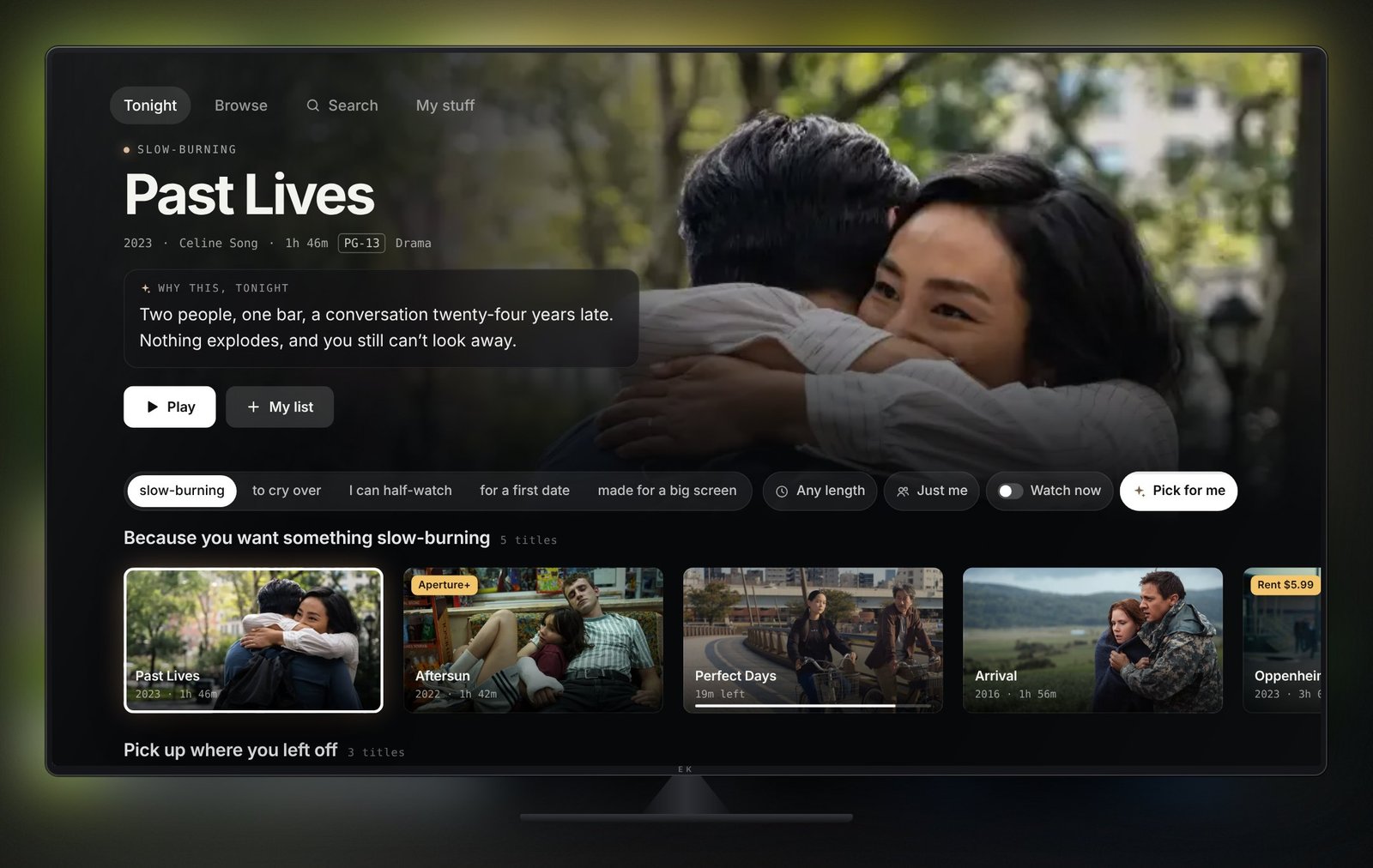 Aperture on a TV: the Tonight bar under a large preview of Past Lives, with a row of slow-burning films