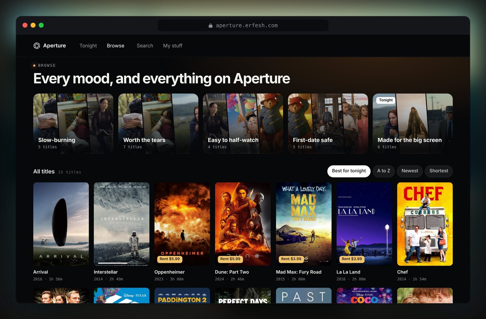 Browse on the web: mood tiles on top and every title below with sort options