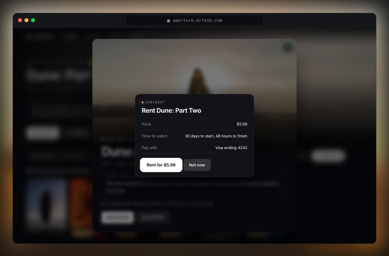 One step rental checkout for Dune: Part Two showing the price, the viewing window and the payment card