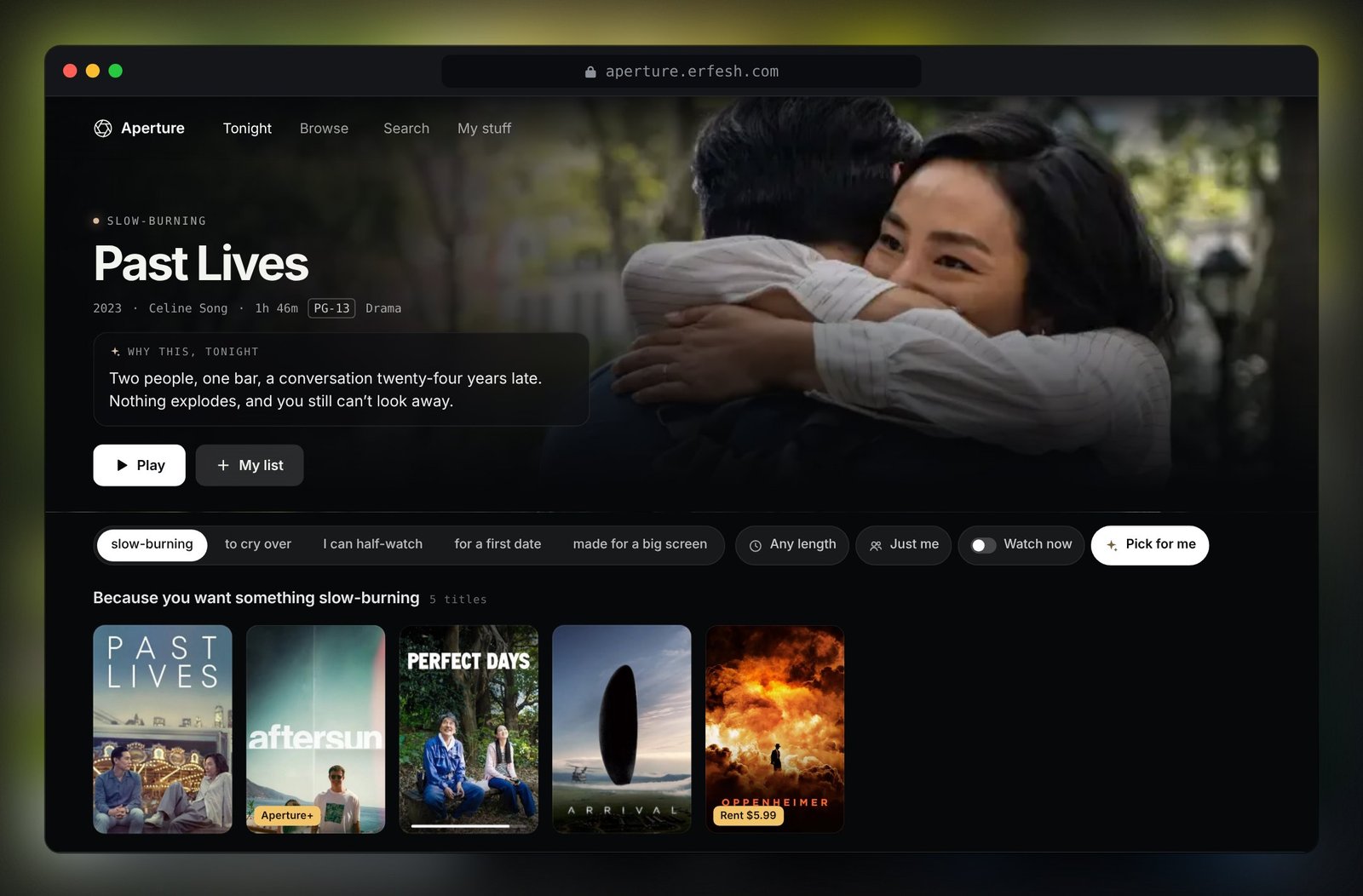 Aperture in a web browser with a pinned preview of Past Lives and a row of posters